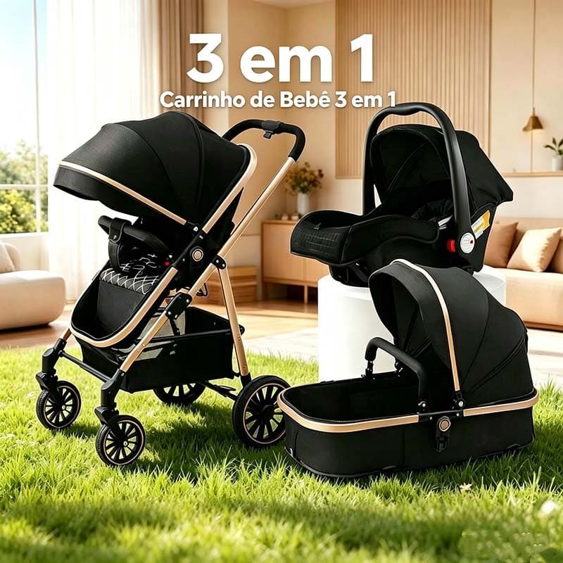 Carrinho de Bebê 3 em 1 Completo – Inclui Moisés e Bebê Conforto