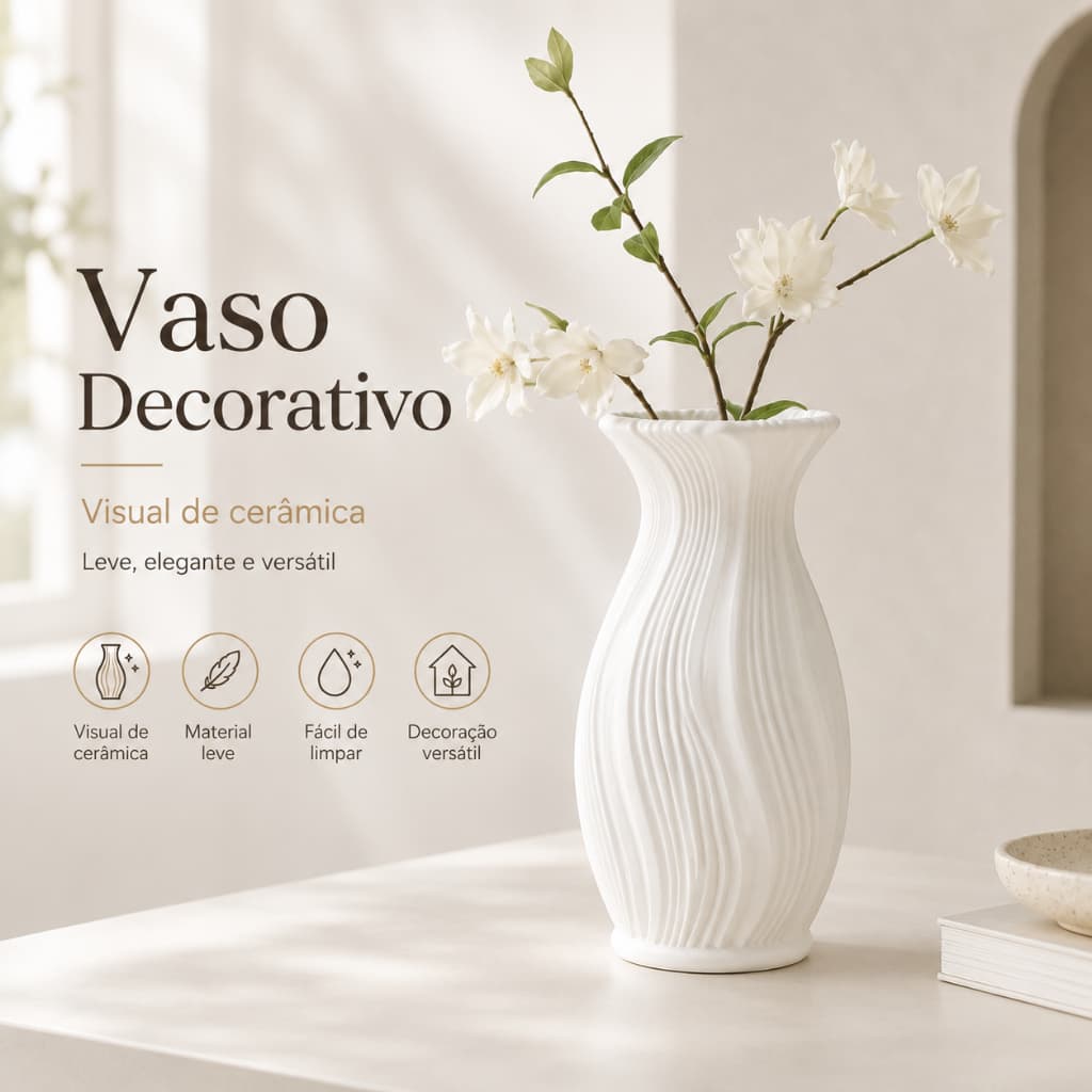Vaso Decorativo Branco Minimalista, Vaso de Plástico com Design Curvo para Flores Artificiais, Decoração Moderna Casa
