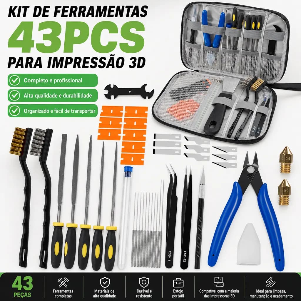 Kit 43 Peças Acessórios para Impressora 3D – Bico, Estilete, Pinça, Alicate – Compatível Bambu Lab