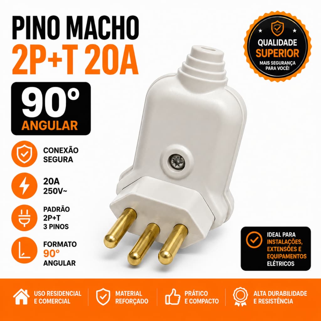 Pino Macho 2P+T 20A 90° Plugue Tomada Angular 3 Pinos 20 Amperes Reforçado Elétrico