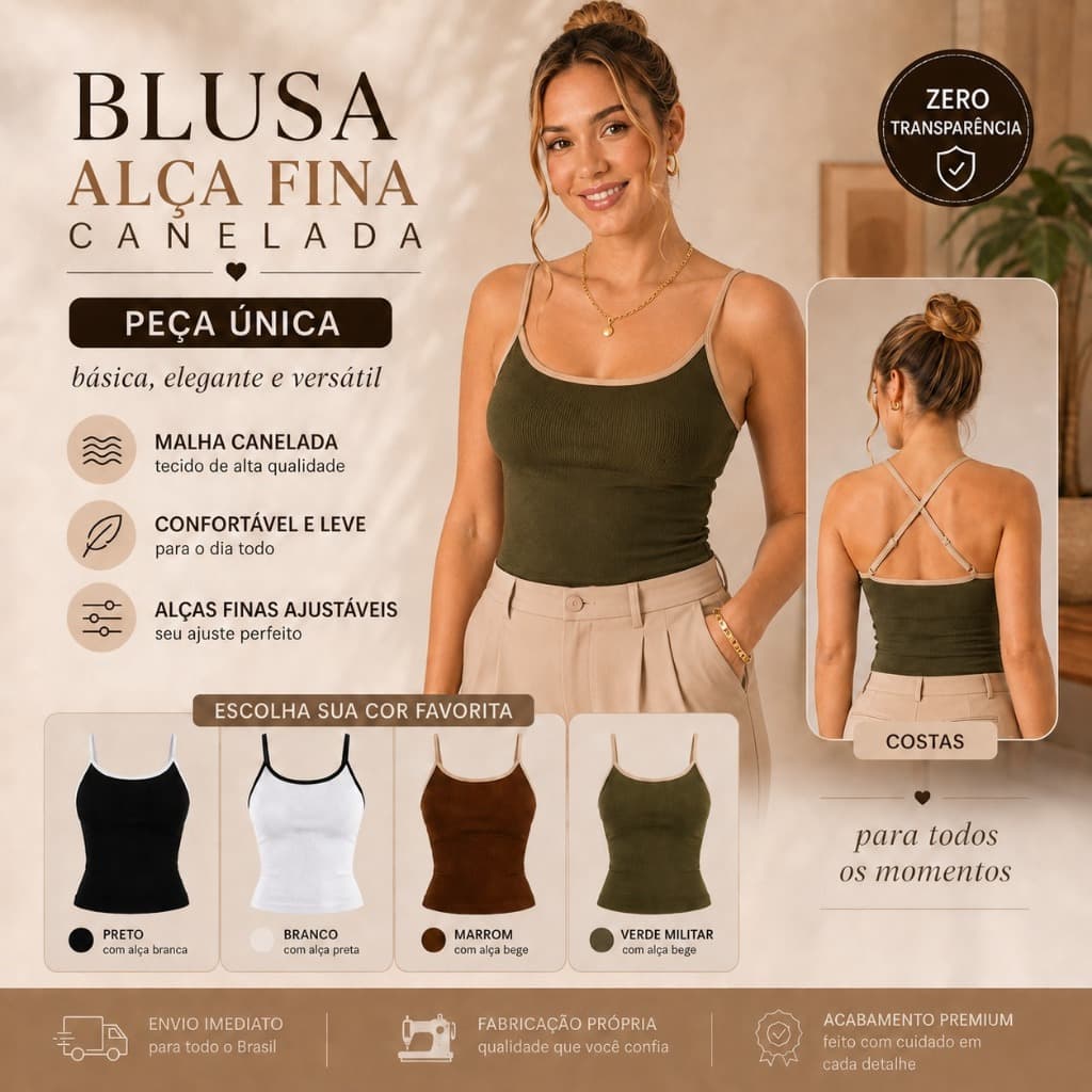 Kit  3 Blusas Regata  Femininas em Malha Canelada Alças Finas com Detalhe Bicolor Elegante