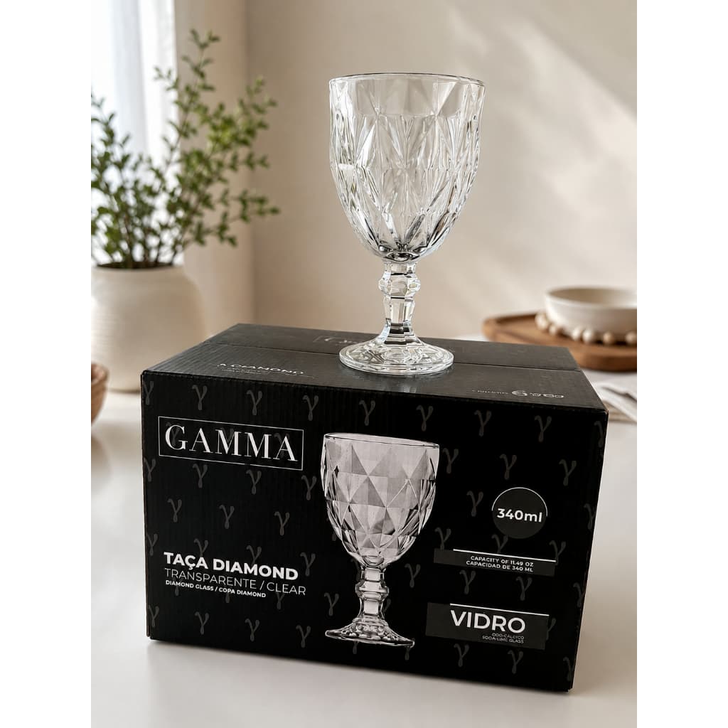 Taças Diamond 340ml de Vidro Transparente Elegante para Água Suco e Drinks 6 unidades