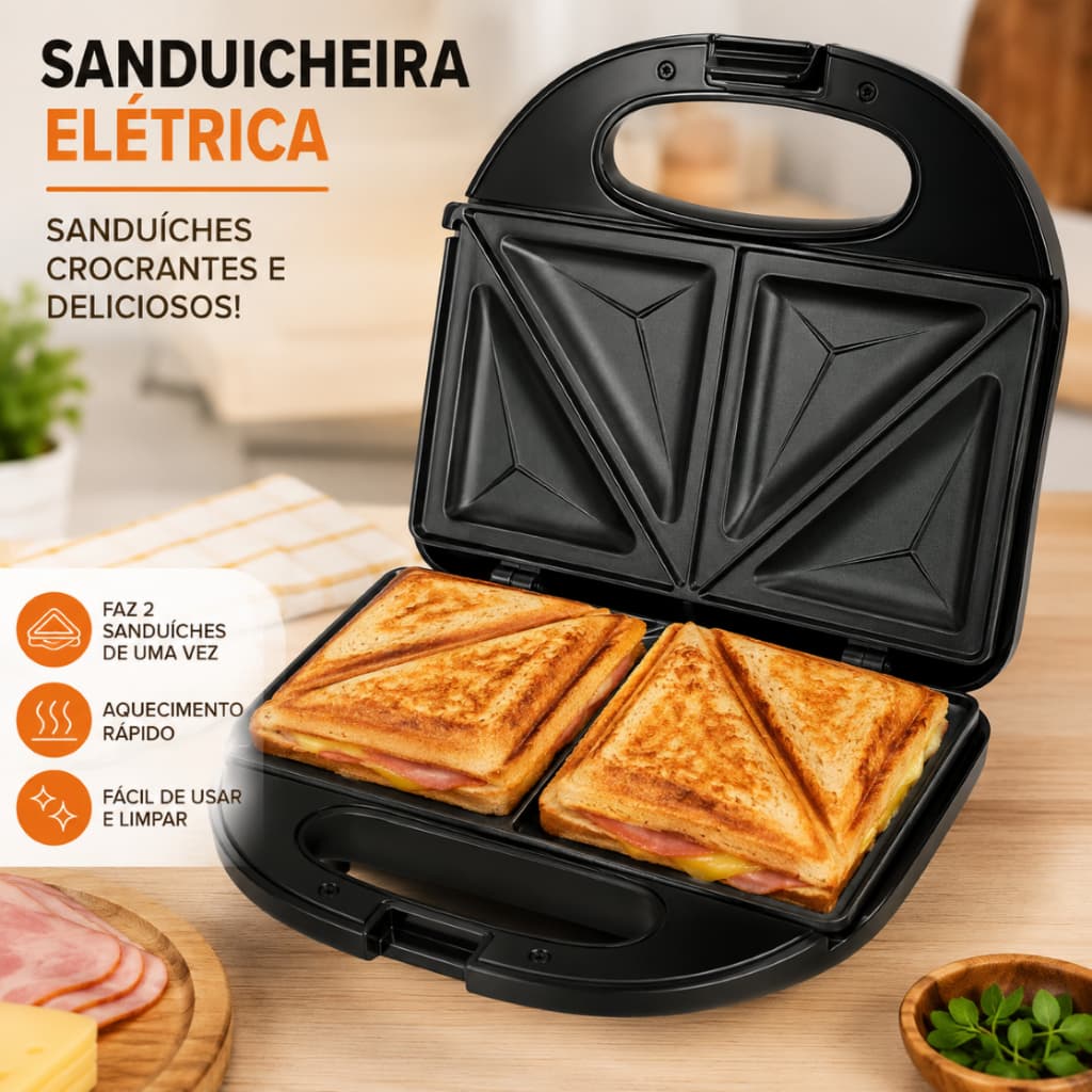 Sanduicheira Grill Elétrica Antiaderente Multifuncional 127V e 220V Prensa Dupla 750W Torradeira