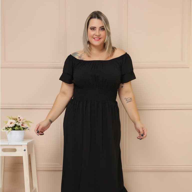 Vestido Feminino Longo Plus Size Ombro a Ombro Manga Babado/COD:V48