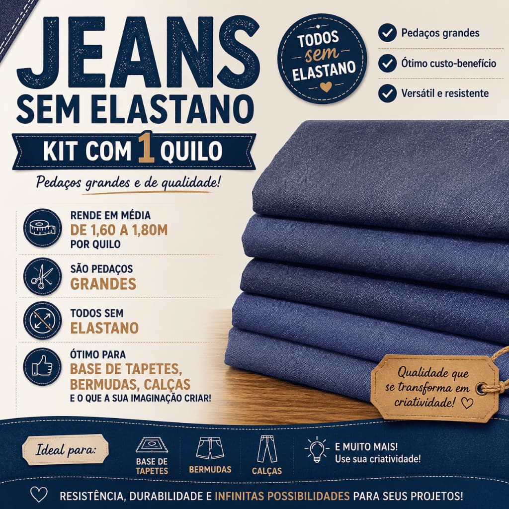 Kit 1kg Retalho Jeans Sem Elastano Pedaços Grandes – Base Tapetes, Calças, Bermudas e Artesanato