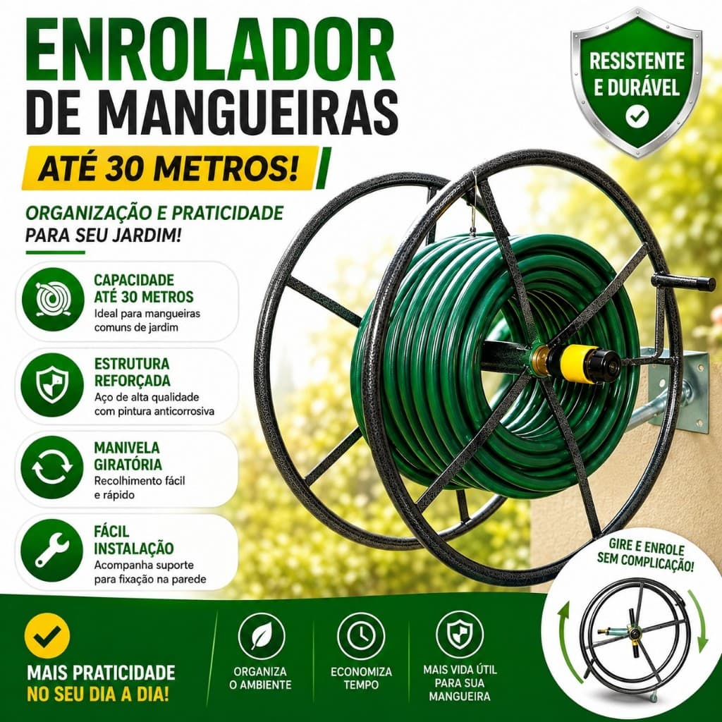Enrolador Suporte Mangueira Jardim Até 30 Metros Em Aço