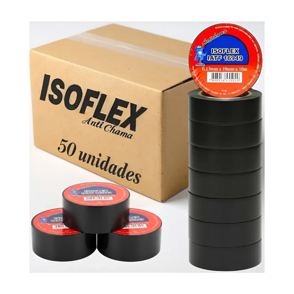 Kit 50 Fitas Isolantes 10 Metros Antichama Preta Preto Liso