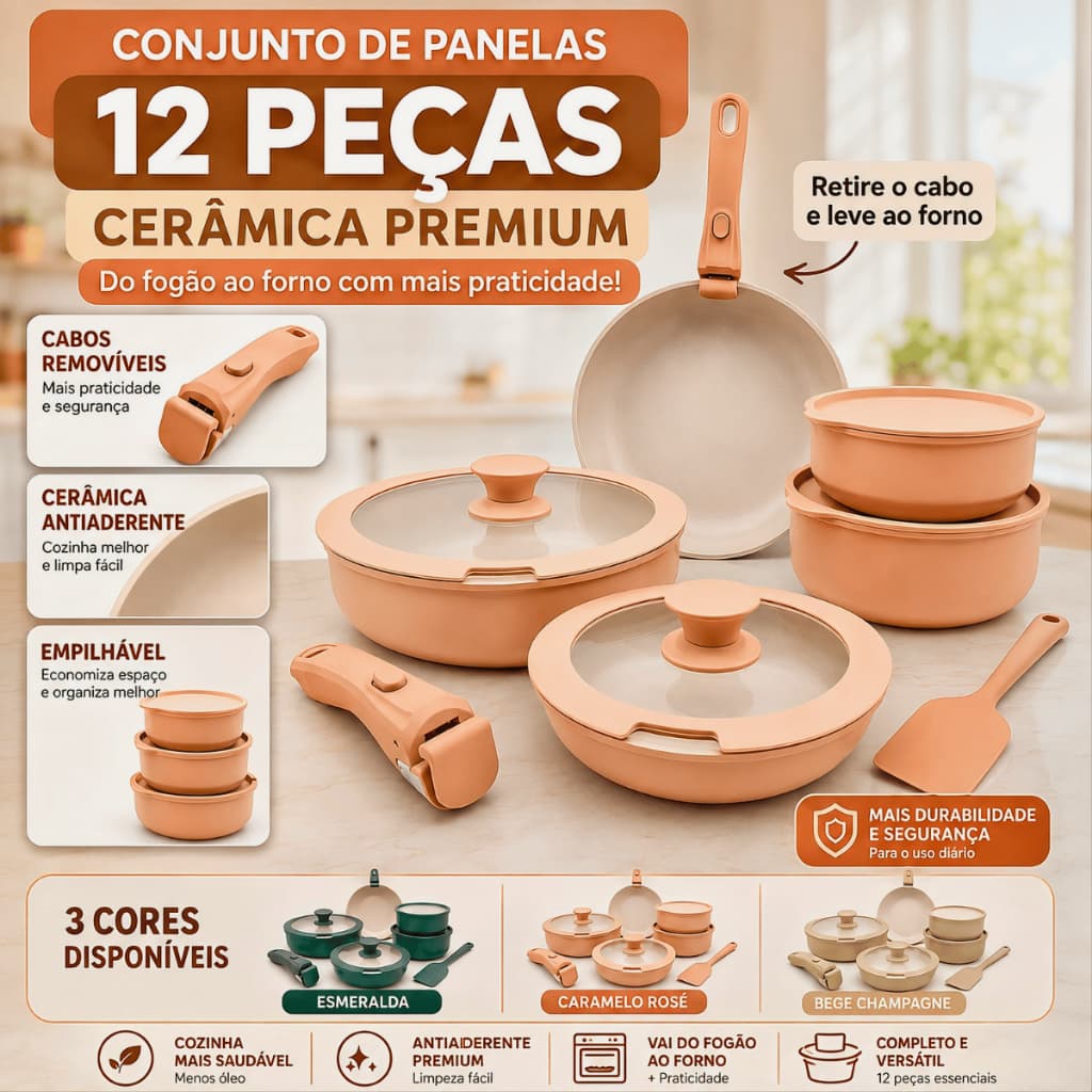 Conjunto de Panelas 12 Peças Cerâmica Antiaderente Premium Fogão Cooktop Indução Gás Elétrico Forno