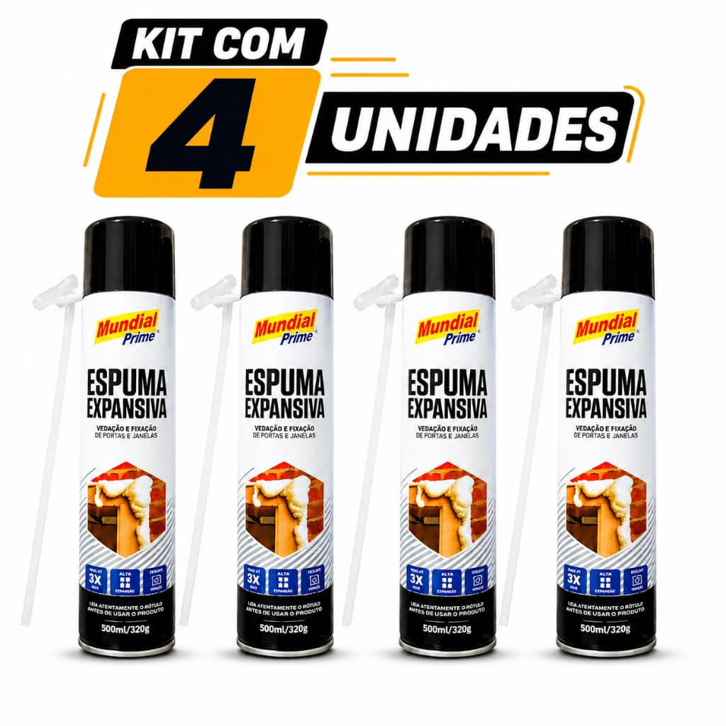 Kit 4 Espuma Expansiva Vedação 500ml Fixação Porta Janela Batente Mundial Prime 320g Preenchimento Isolante