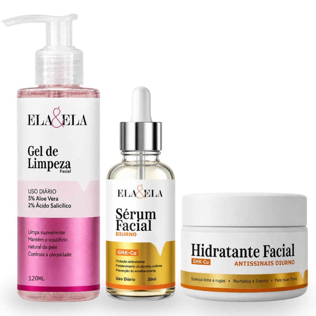 Kit Skincare Completo Ela&Ela - Gel de Limpeza + Sérum Facial Diurno + Hidratante Facial Antissinais