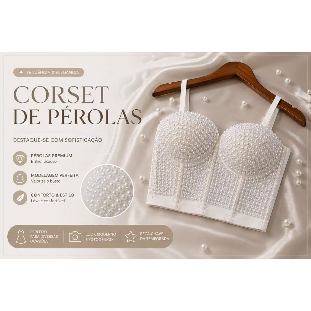 Cropped Corset Feminino com Pérolas Bustier Estruturado Alça Fina Elegante
