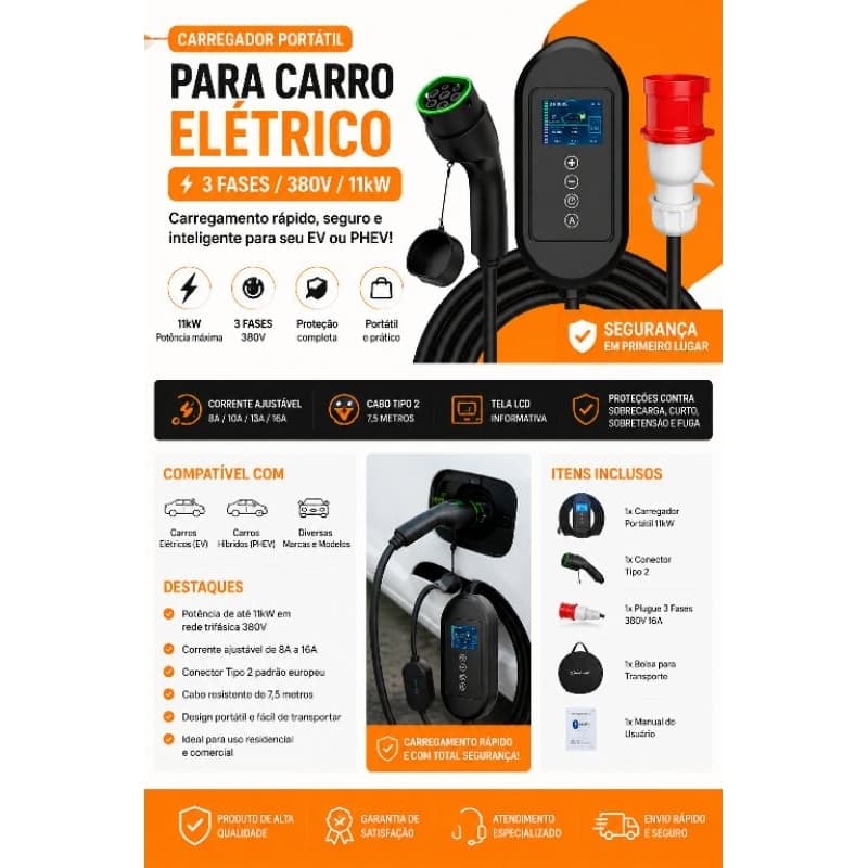 Carregador Portátil para Carro Elétrico 11kW – 3 Fases 380VCarregue seu carro elétrico ou híbrido