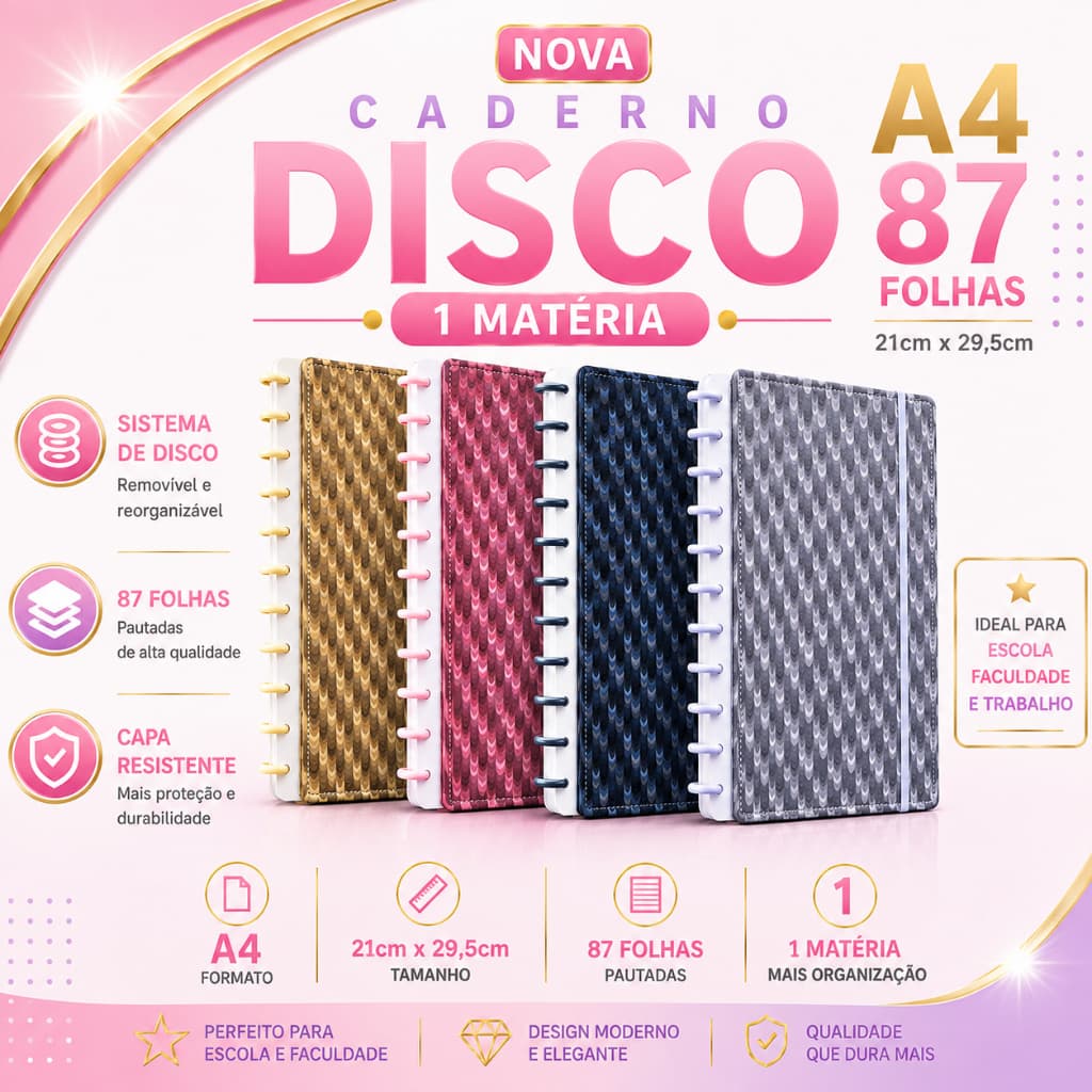 Caderno Inteligente Capa Dura Elástico 10 Disco A4 Com Divisoria Etiqueta 87 Folhas Escama de Peixe