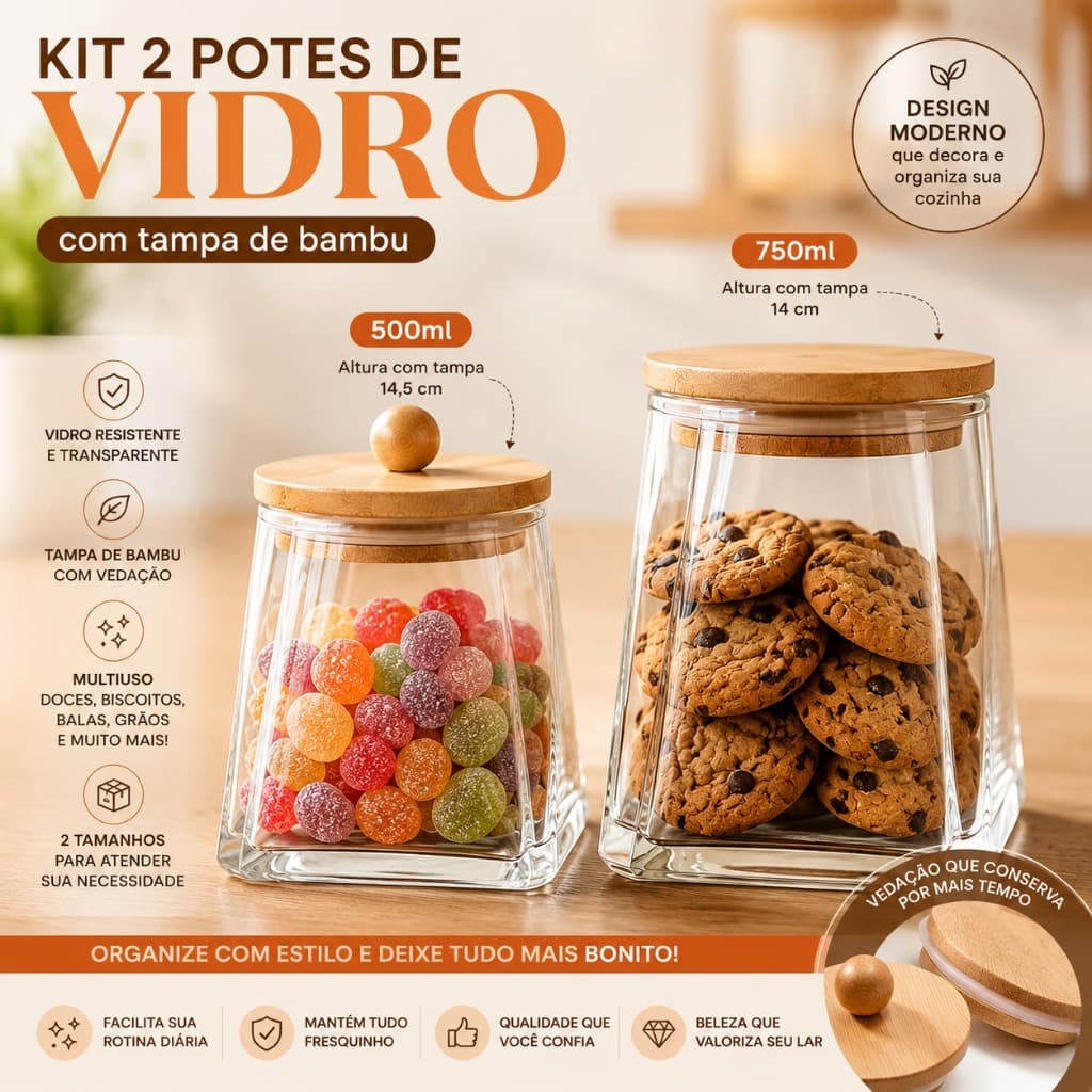 Pote de Vidro Design Geométrico com Tampa de Bambu 500ml 750ml para Mantimentos Biscoitos Doces