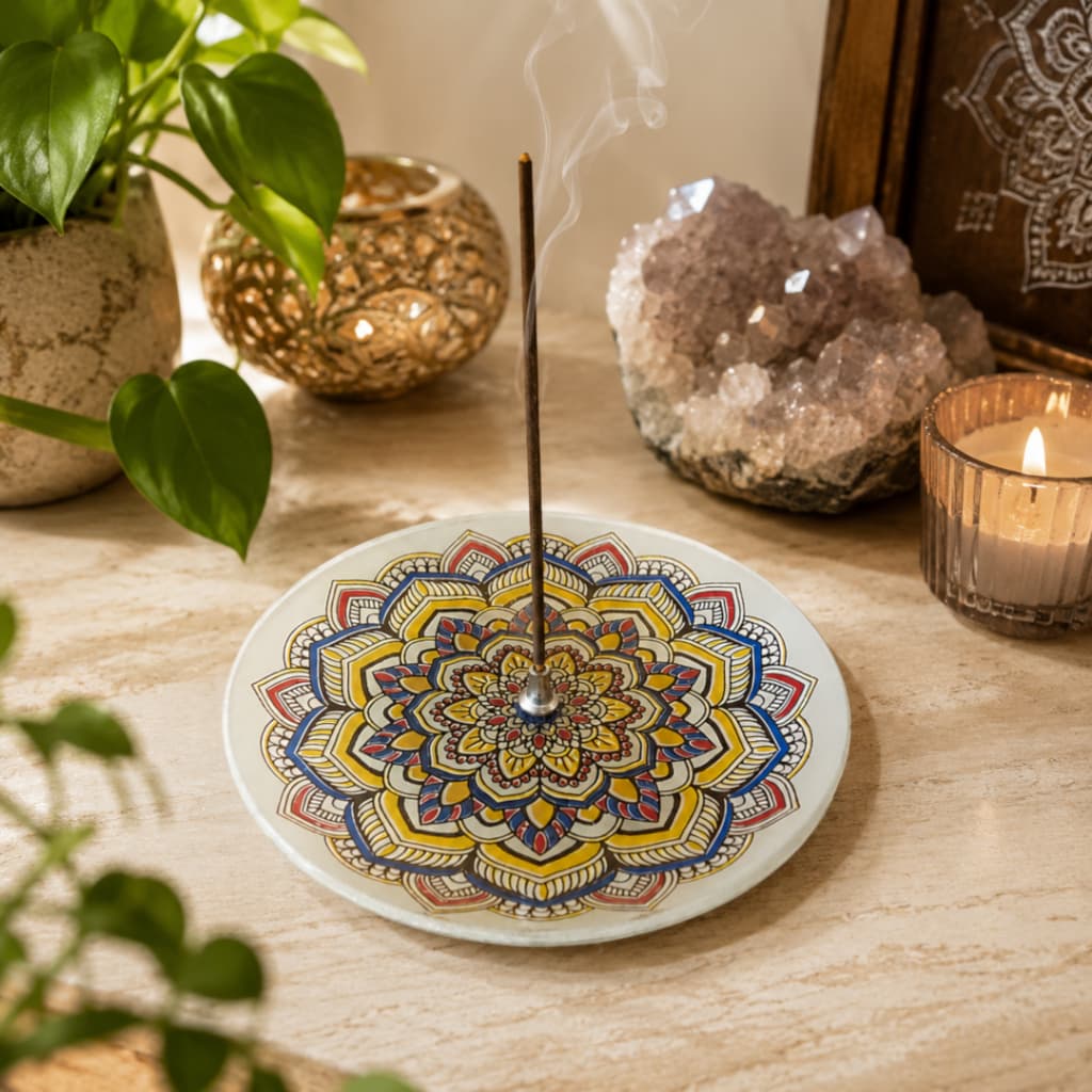Incensário Angelato Vidros com 13 cm de diametro mandala artesanal com acabamento sofisticado