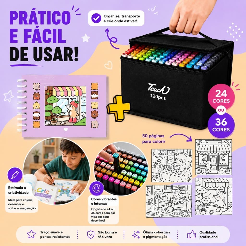 Kit Livro de Colorir Capa Dura Canetinhas Touch Ponta Dupla 24/ 36 Cores Caneta Marcadora Desenho Pintura Aquarela