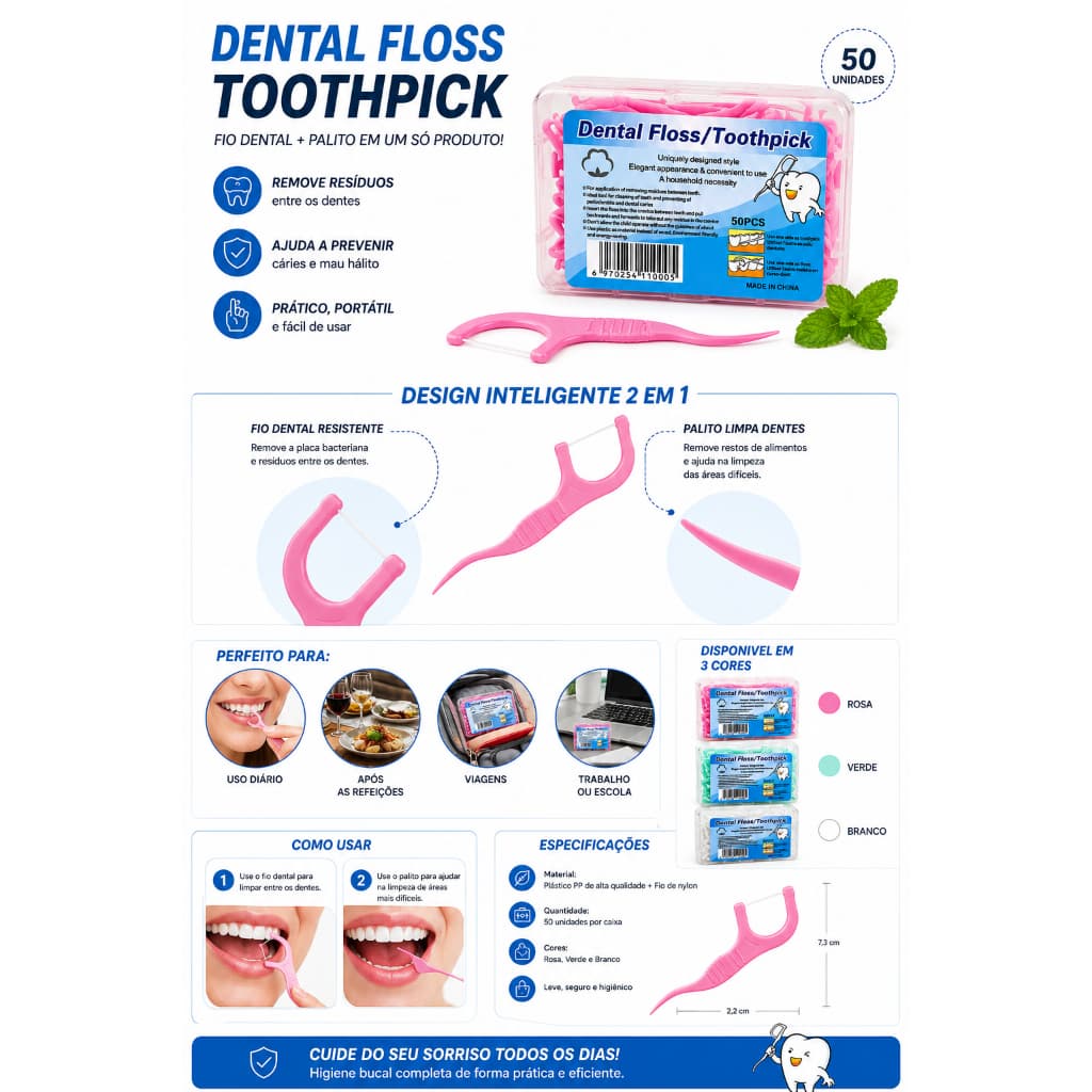 Fio Dental com Palito 50 Unidades | Dental Floss Toothpick 2 em 1 | Higiene Bucal Portátil