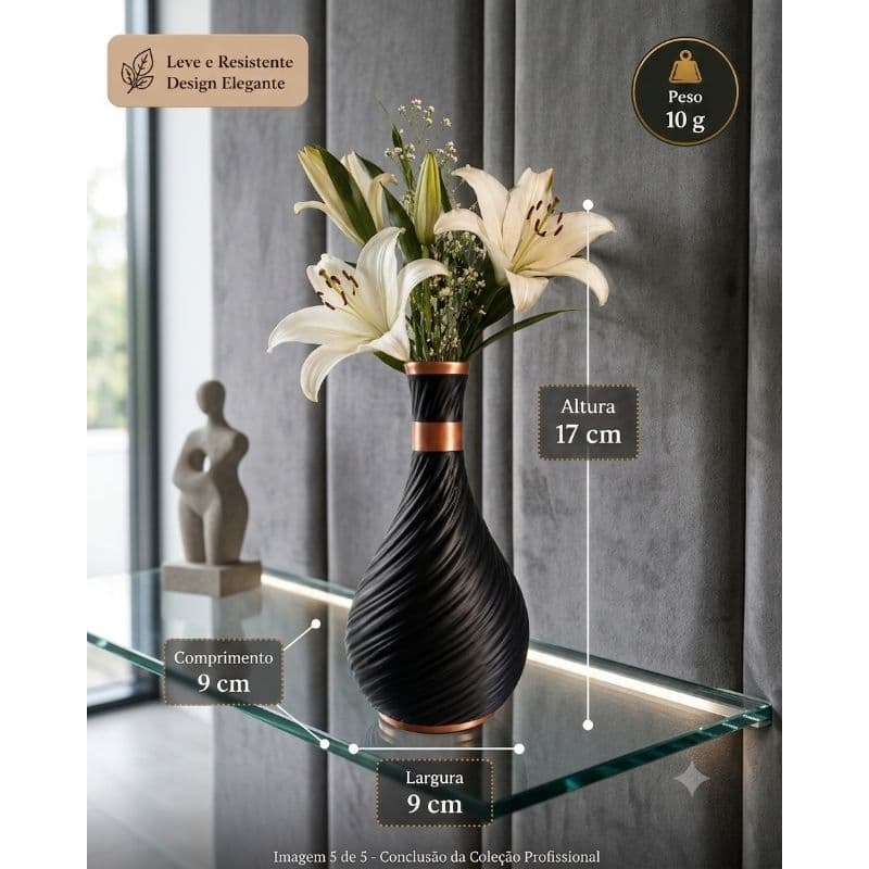 Vaso Decorativo De Mesa Preto E Cobre Espiral 17cm - Enfeite Moderno Para Sala, Escritório E Flores Leve E Resistente