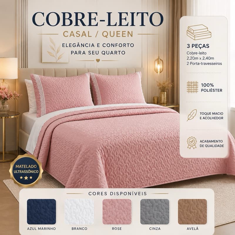 Kit Colcha COBRE-LEITO 3 peças Bordado Inglês Casal/Queen 2,20 x 2,40 Toque Macio Sofisticação Matelado Ultrassonico