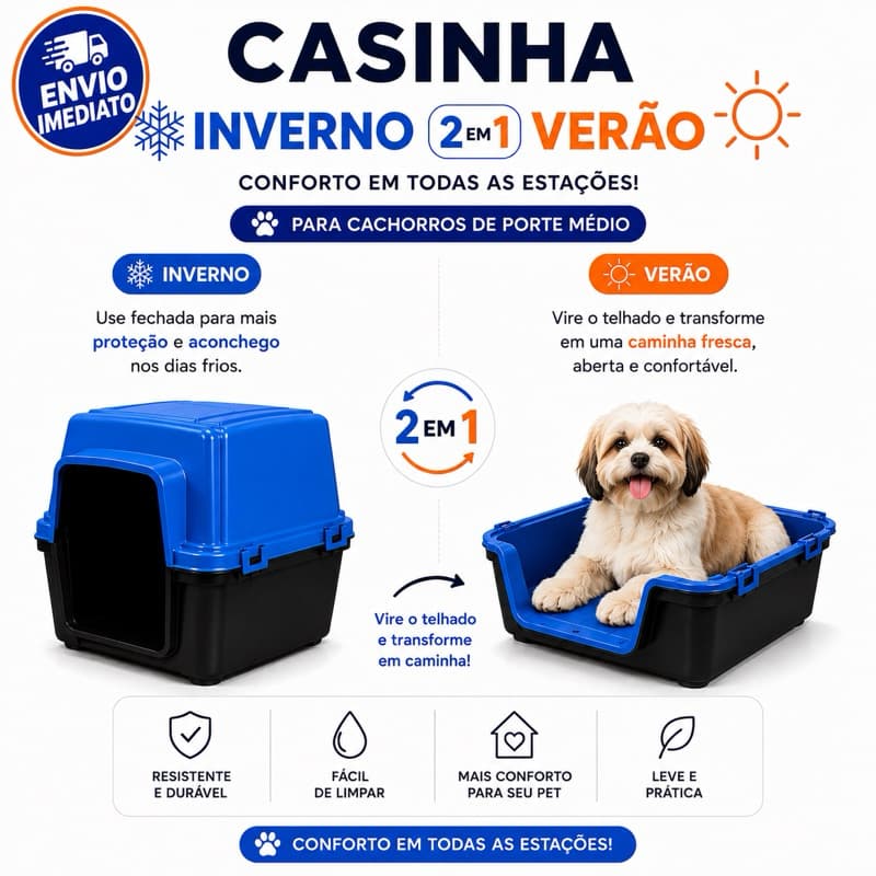 Casa Casinha Para Cachorros 2 em 1 Proteção Sol e Chuva No Calor Vira Caminha Conforto e Proteção Para Seu Pet
