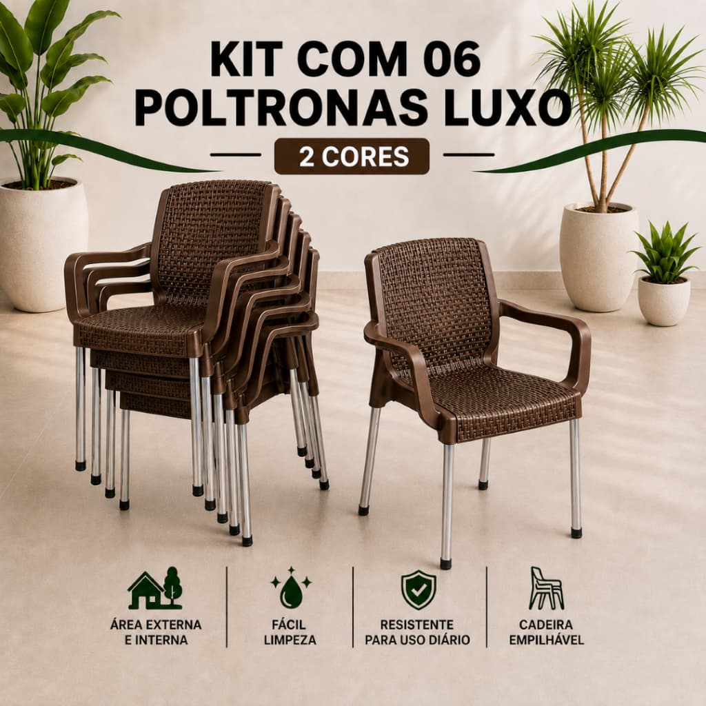 Kit 6 Poltrona Reforçada Rattan Luxo com Braço UV Empilhável 160kg Aço Cromado Qualquer Ambiente