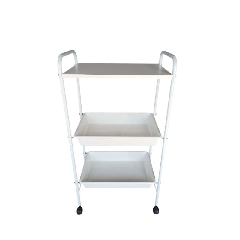 Carrinho Auxiliar Branco 1 Tampo MDF e 2 Bandejas Plásticas