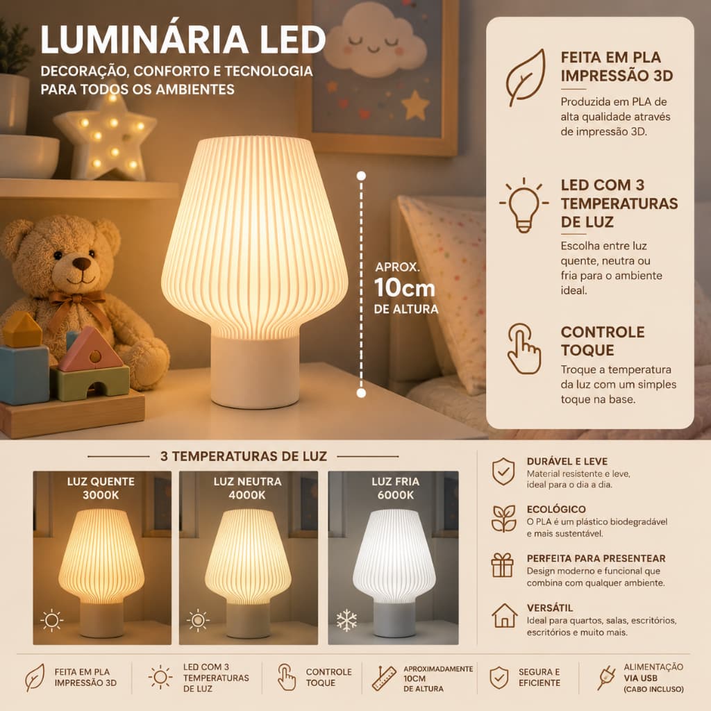 Luminária LED Abajur de Mesa 3 Cores de Luz Impressão 3D PLA para Quarto Infantil Decoração