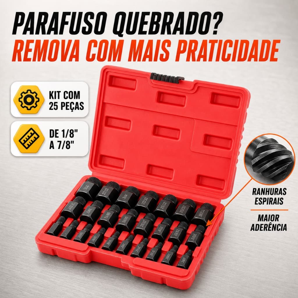 Kit Removedor de Canos e Parafusos Quebrados 25 Tamanhos 1/8" a 7/8" Ferramenta Essencial de Reparo