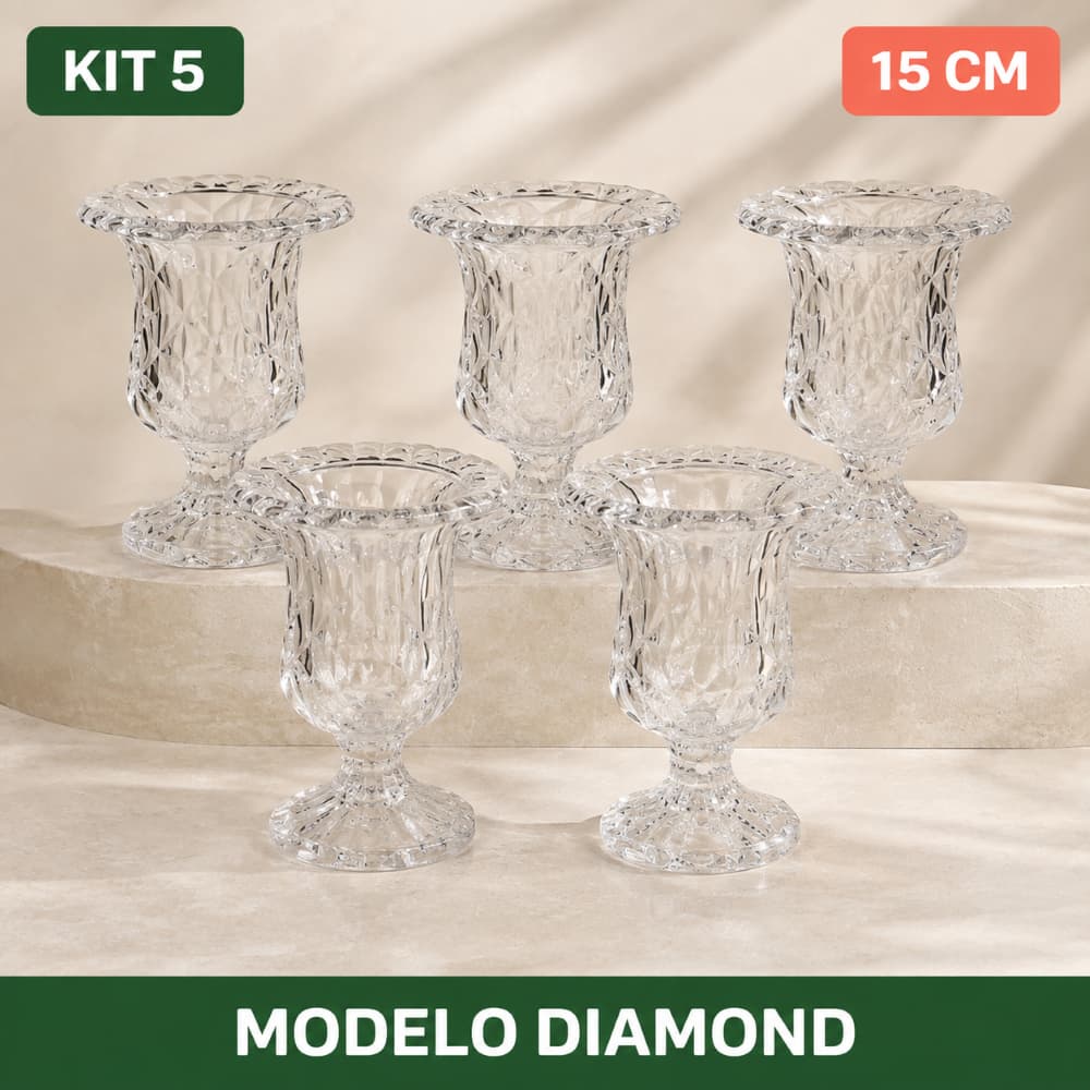 Kit 5 Vasos Decorativos de Vidro com Pé Transparente 15cm Greta