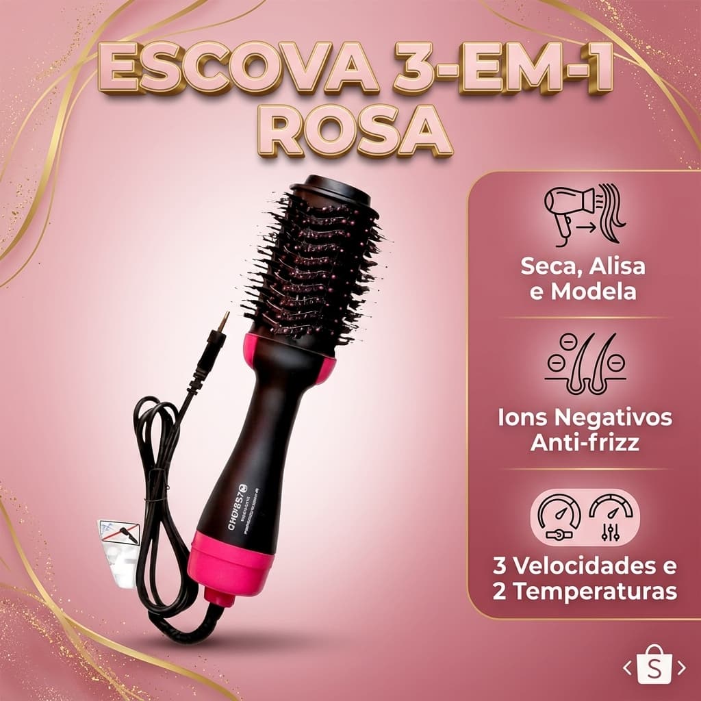 Escova Alisadora Secadora 3 em 1 Rosa 110V Cabelos Brilhantes