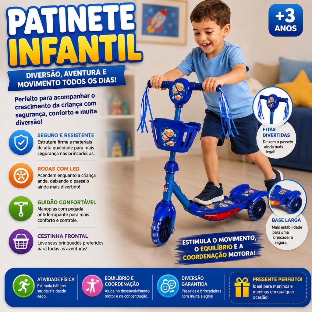 Patinete Infantil 3 Rodas Com Luz LED Sons E Cestinha Altura Ajustavel Ate 40kg