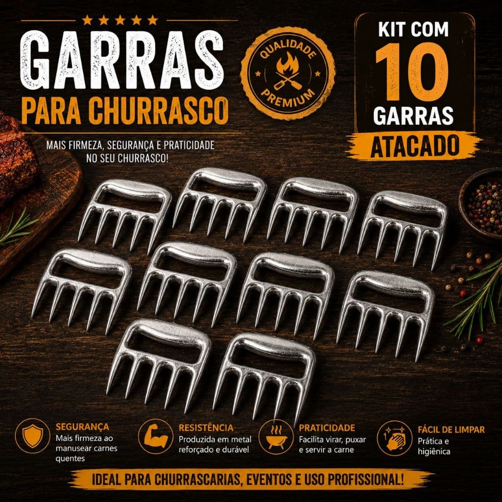 KIT 10 GARRAS DE CHURRASCO EM ALUMÍNIO PEGADOR PARA CARNE DESFIAR E MANUSEAR CARNES NA GRELHA