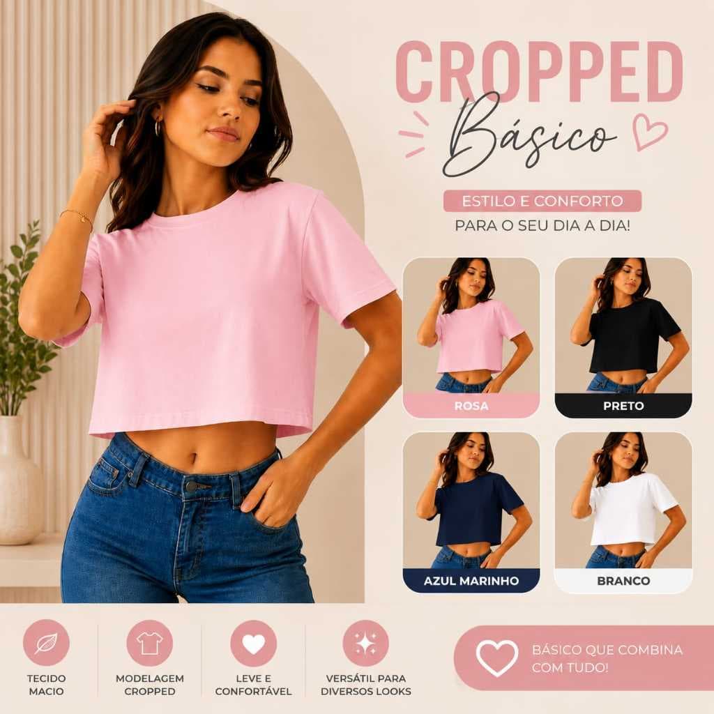 Cropped Feminino Básico Blusa Cropped Manga Curta Casual Moda Feminina Lisa Tamanho Adulto P ao G
