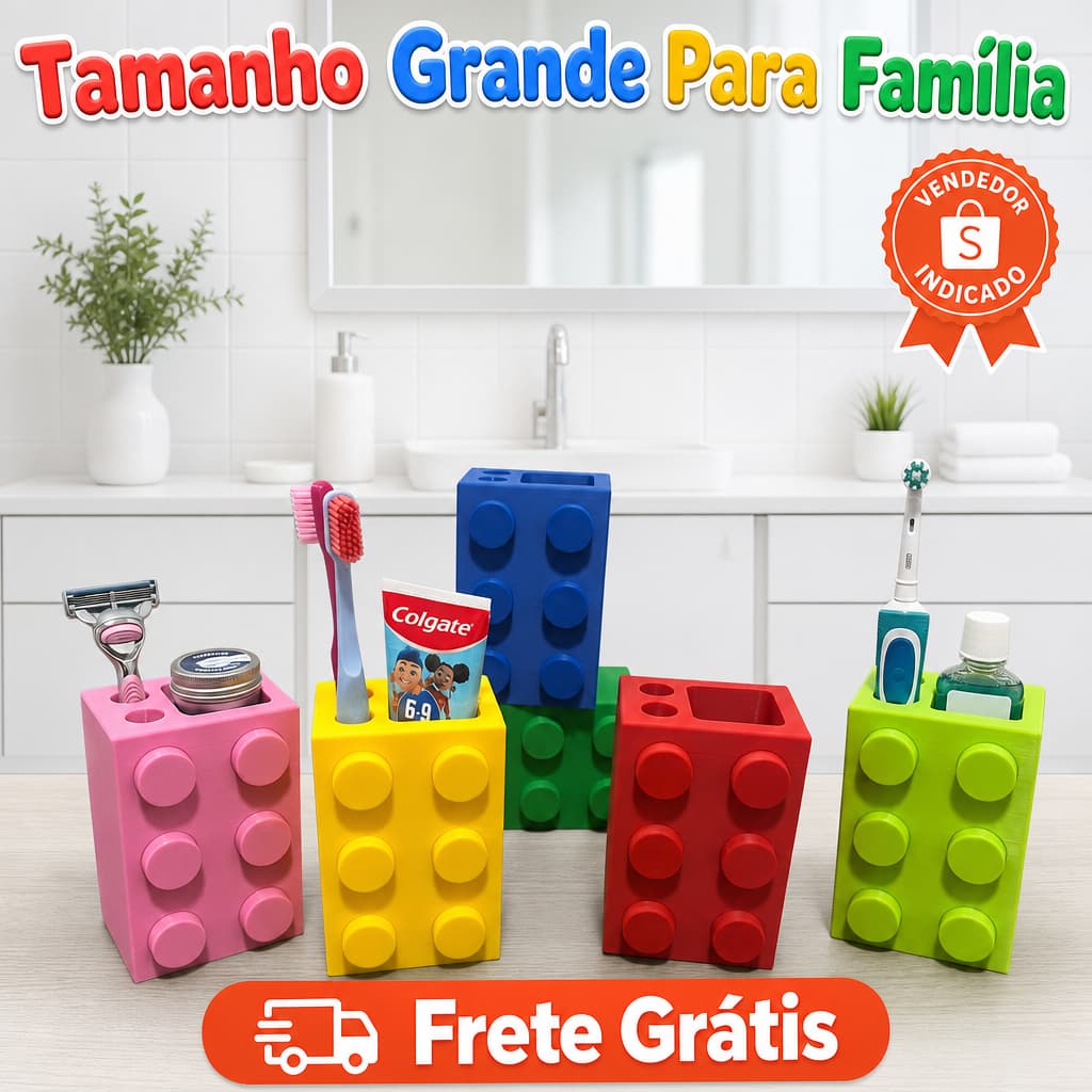 Porta Escova Infantil e Família de Dente e Pasta Estilo Lego Organizador de Banheiro Criativo Grande - Envio 24h