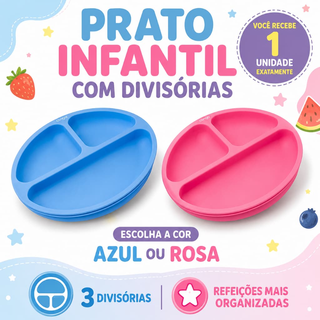 Prato de Silicone com Ventosa e 3 Divisórias Clingo Introdução Alimentar Bebê Antiderrapante Livre de BPA Seguro