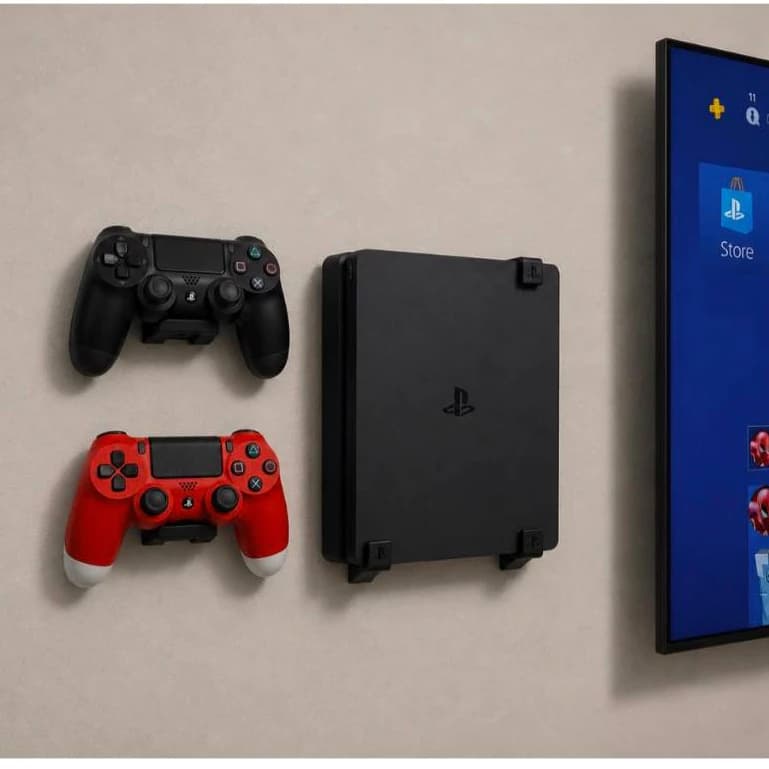 Kit Suporte Parede PS4 Slim Vertical + 2 Suportes Controle Playstation + Suporte Console + Kit Instalação