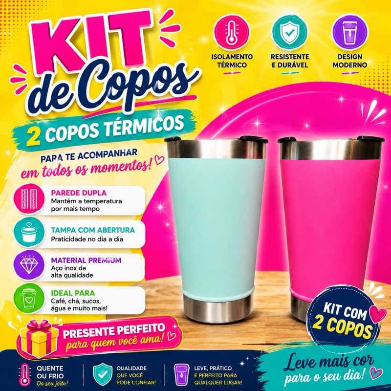 Kit 2 Copos Térmicos Inox 473ml com Tampa e Abridor Portátil