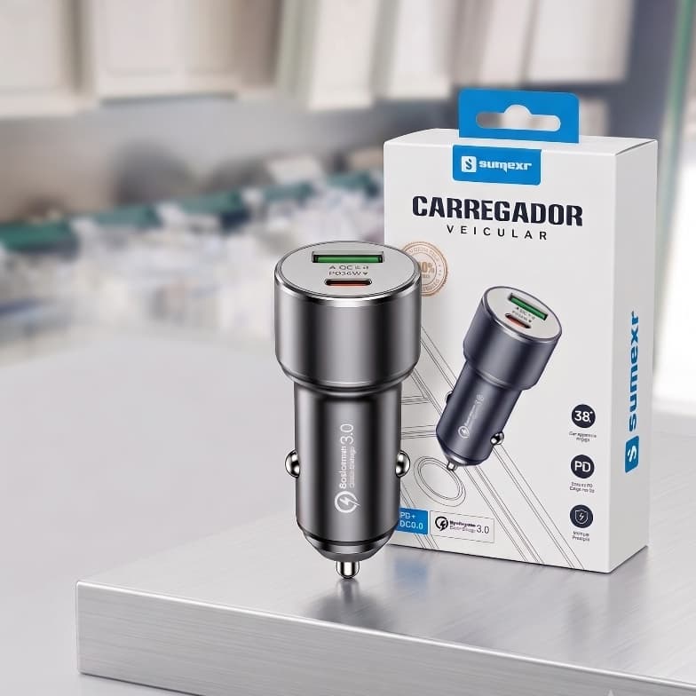 Carregador Veicular 38w Turbo Porta Dupla Usb-c E tipo C