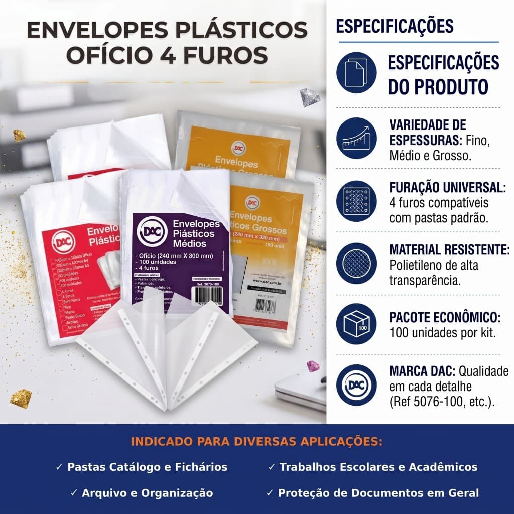 Envelope Plástico Ofício 4 Furos 100 Unidades Para Pasta Fichário Catálogo – 3 opções de espessura Fino, Médio ou Grosso