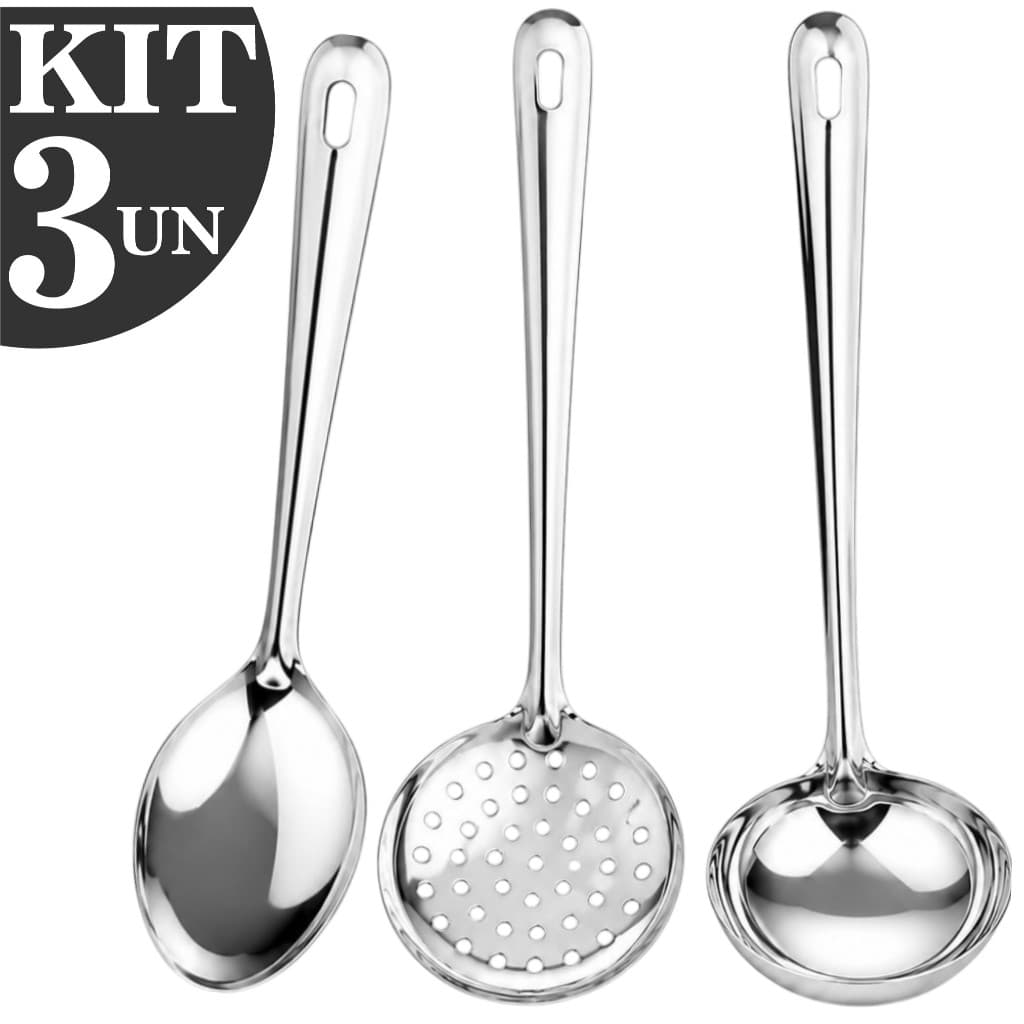 Kit 3 Utensílios Concha Colher e Escumadeira em Inox de Alta Qualidade Envio IMEDIATO