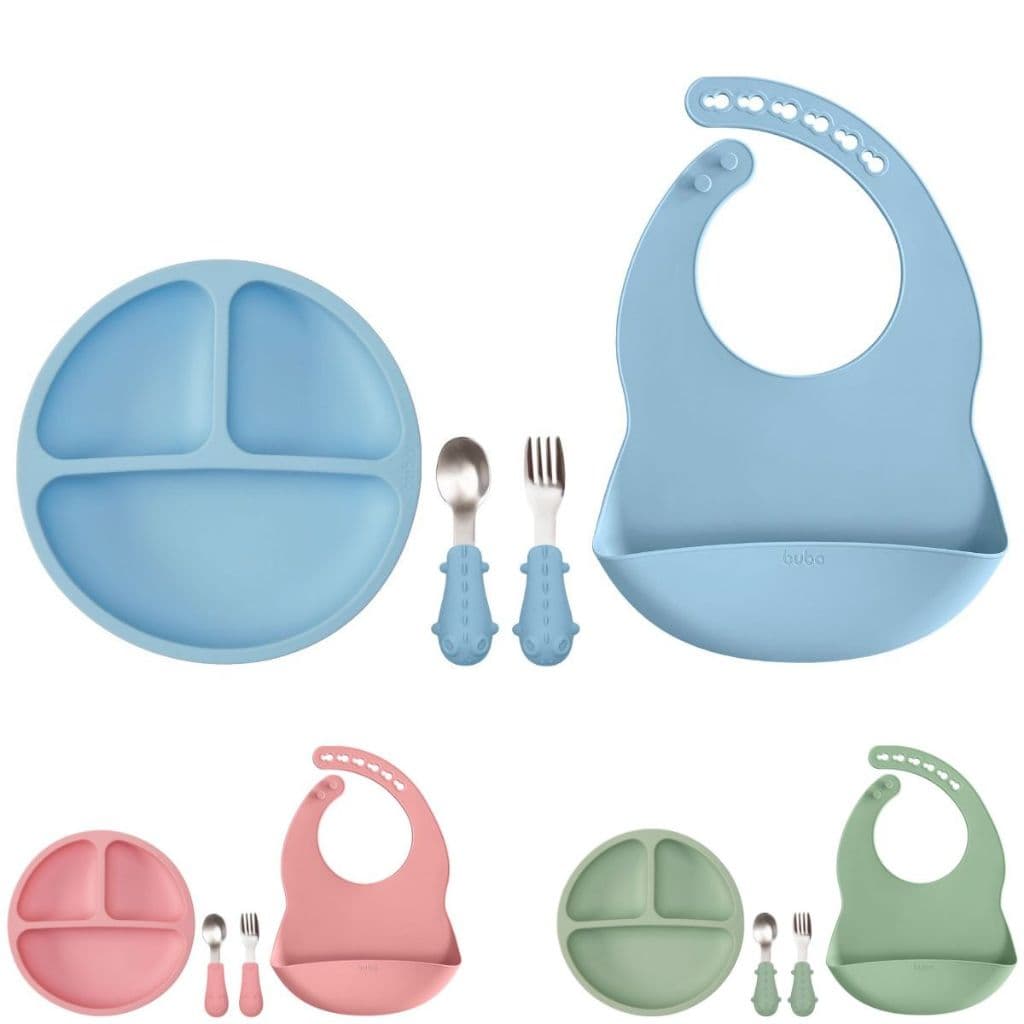 Kit Refeição Infantil 3 Peças Prato Divisórias, Kit Talheres Inox Cabo Silicone e Babador Pega Migalhas Silicone Buba