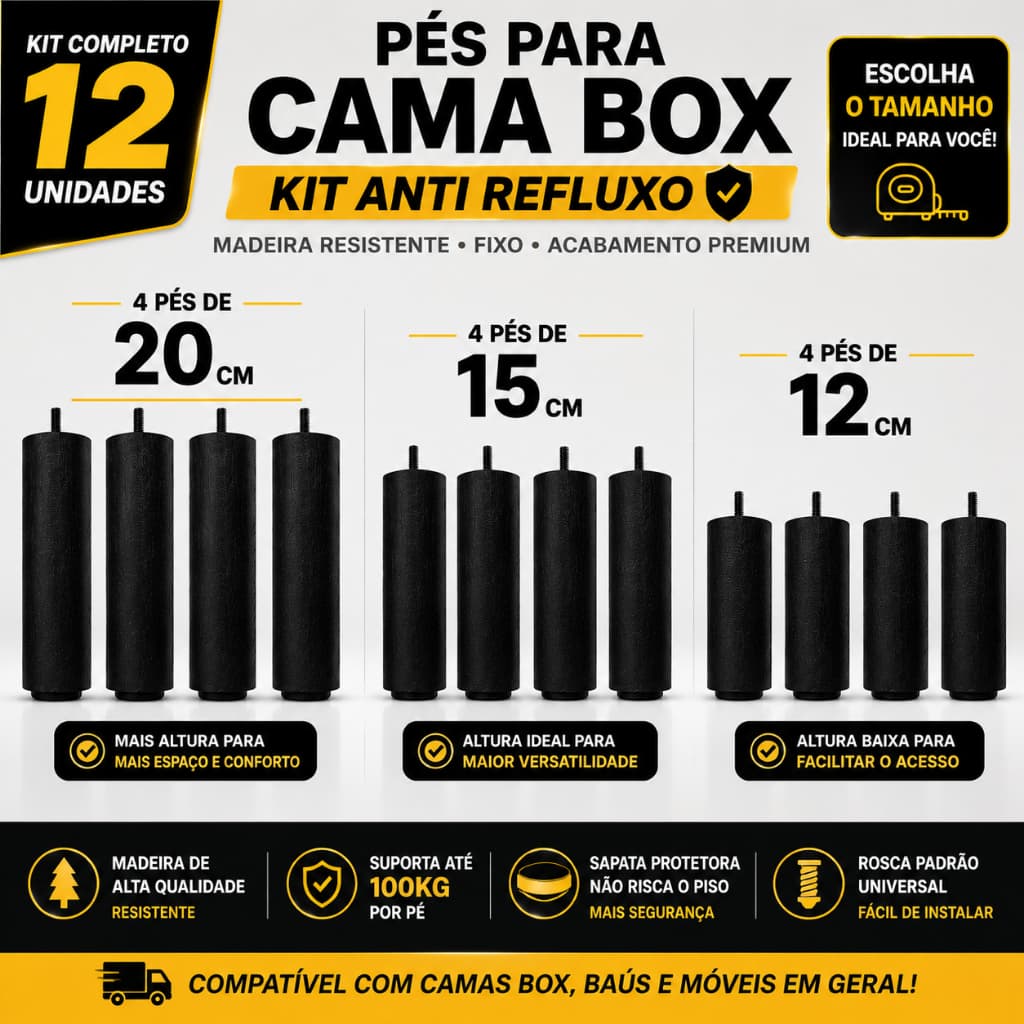 Kit 12 Pés Anti Refluxo Para Cama Box Universal Madeira Elevação Cabeceira Reforçado 20cm - 15cm - 12cm