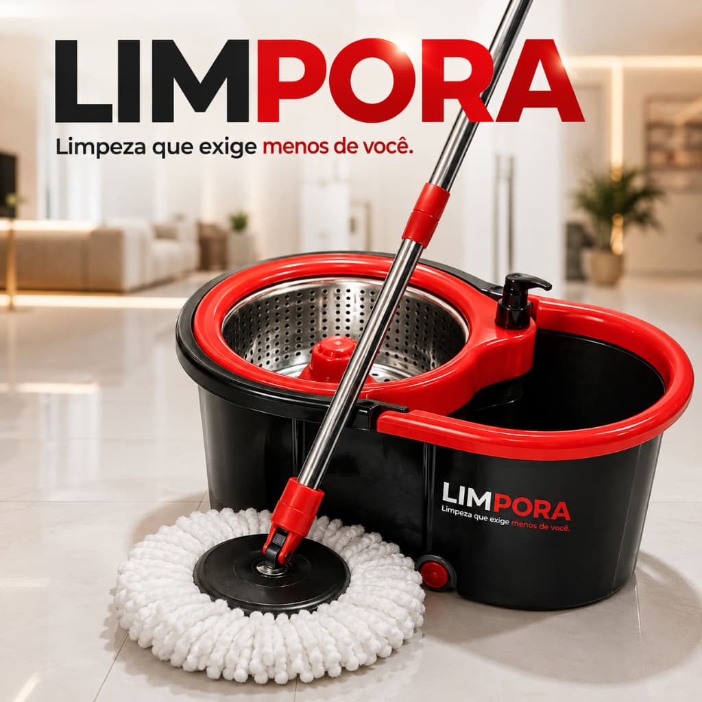 Mop Giratório LIMPORA com Balde Esfregão para Limpeza Fácil com Refil Alça Rodas Multiuso