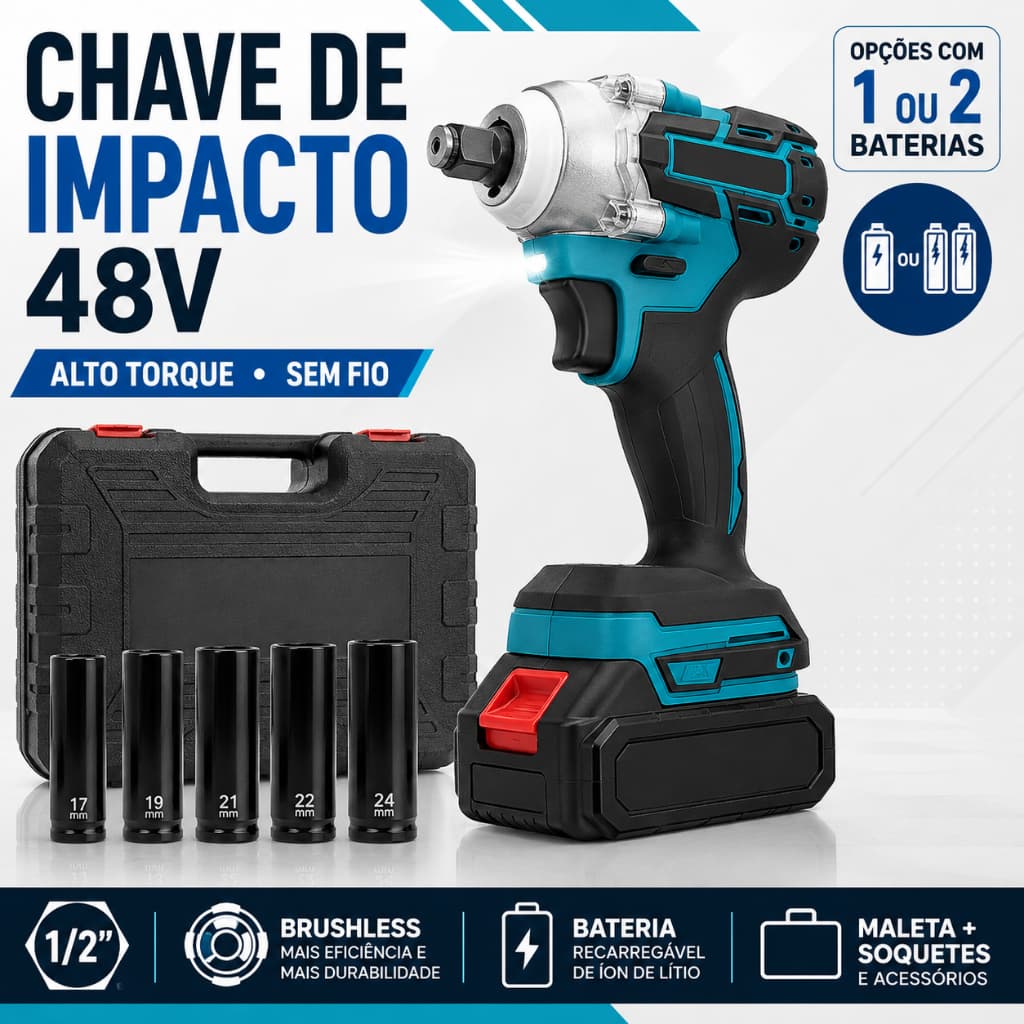 Chave de Impacto 48V Sem Fio 1/2 Brushless 3 em 1 Parafusadeira Furadeira com 1 ou 2 Baterias Maleta e Soquetes