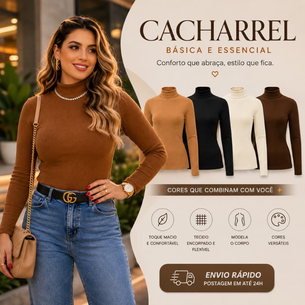 Blusa Manga Longa Cacharrel Gola Alta Segunda Pele Basica T-Shirt Canelada Premium Anarruga Outono Inverno