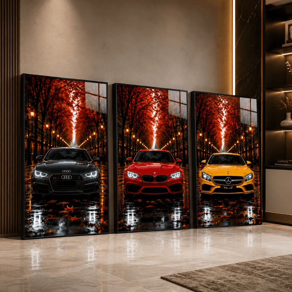 Kit 3 Quadros Decorativos Carros de Luxo Audi BMW Mercedes Esportivos para Quarto Sala
