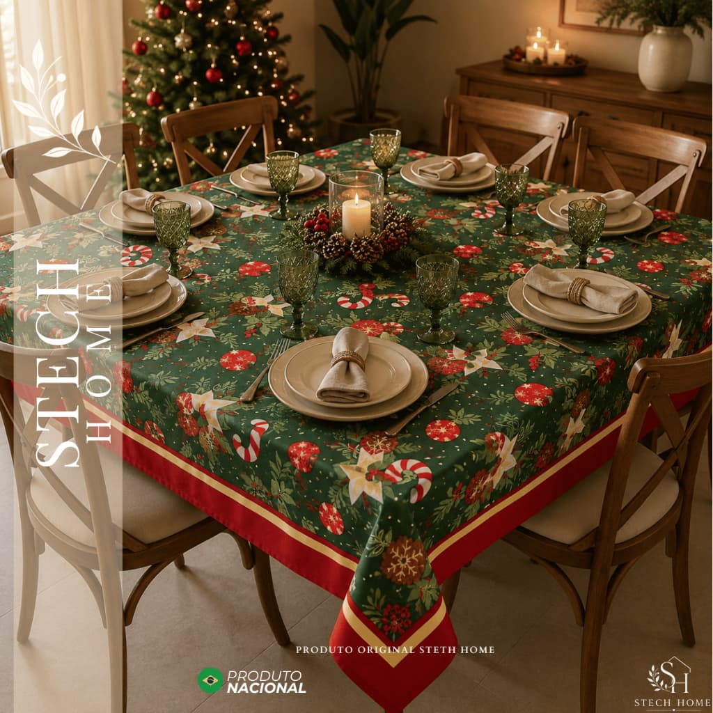 Toalha de Mesa e Caminho de Mesa Natalino 4 e 6 Lugares Decoração de Natal para Ceia Estampada