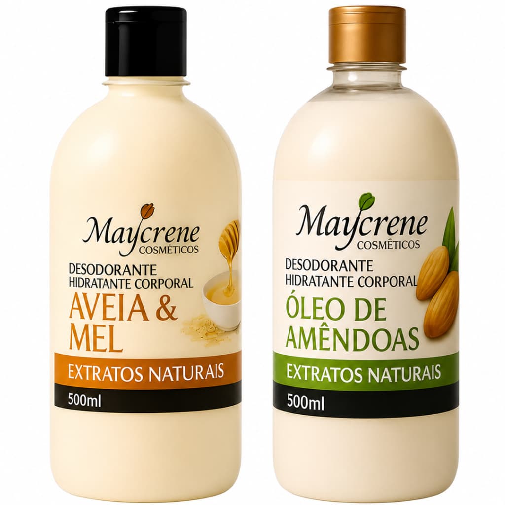 Kit 2 Hidratante Corporal 500ml Maycrene Aveia e Mel + Óleo de Amêndoas Extratos Naturais