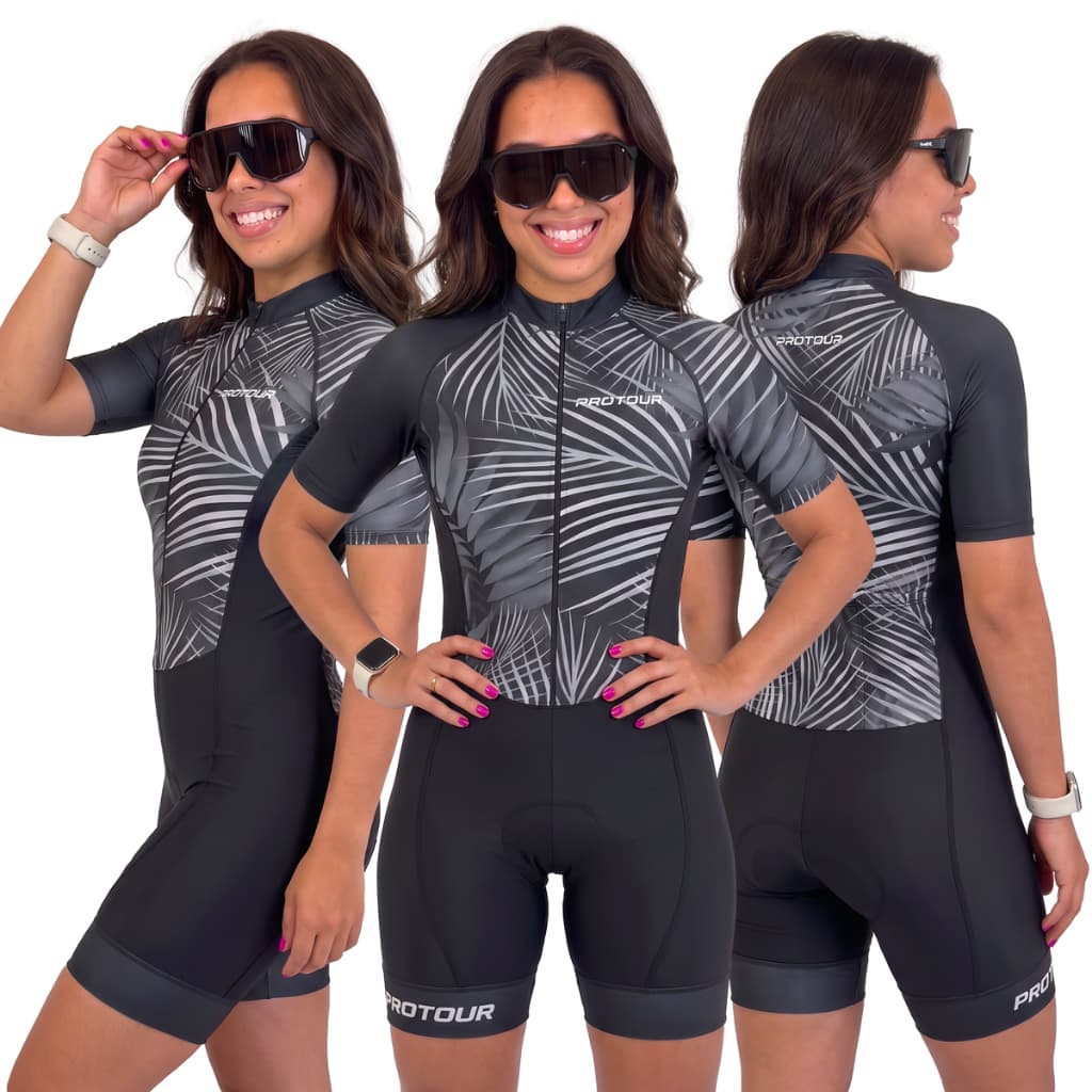 Macaquinho Ciclismo Feminino Profissional Gel Acolchoado UV Proteção MTB Speed Folhas Preto Com Bolsos Pro Tour