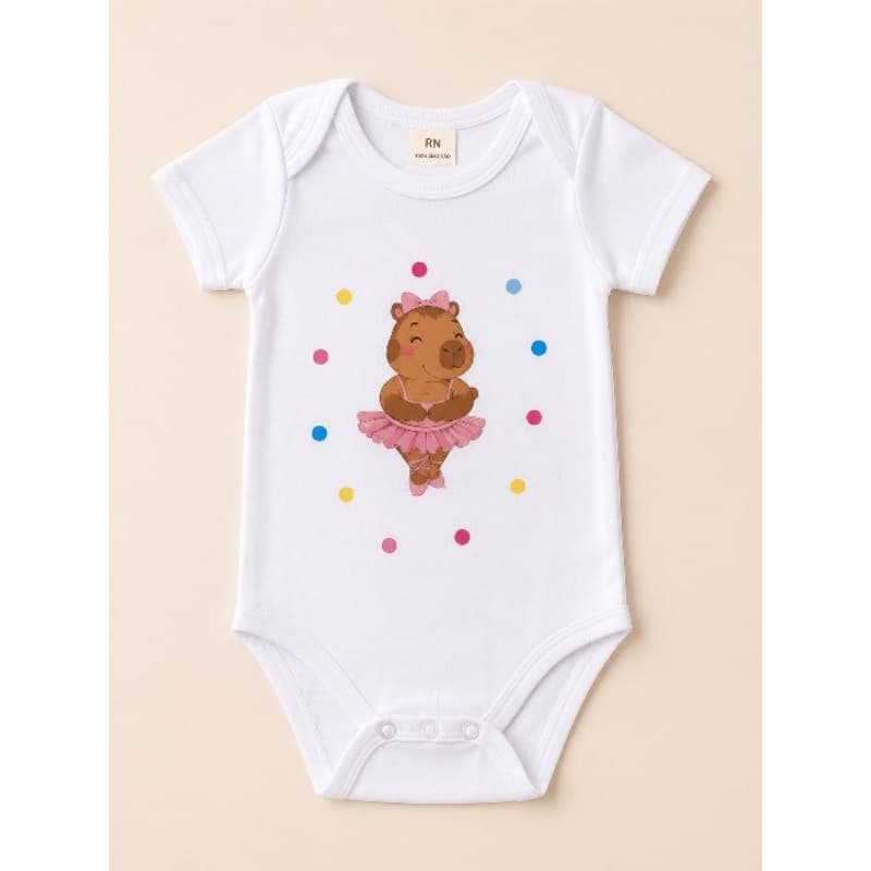 Body Bebê Menina Manga Curta Capivara Bailarina Rosa Infantil RN P M G Fofo